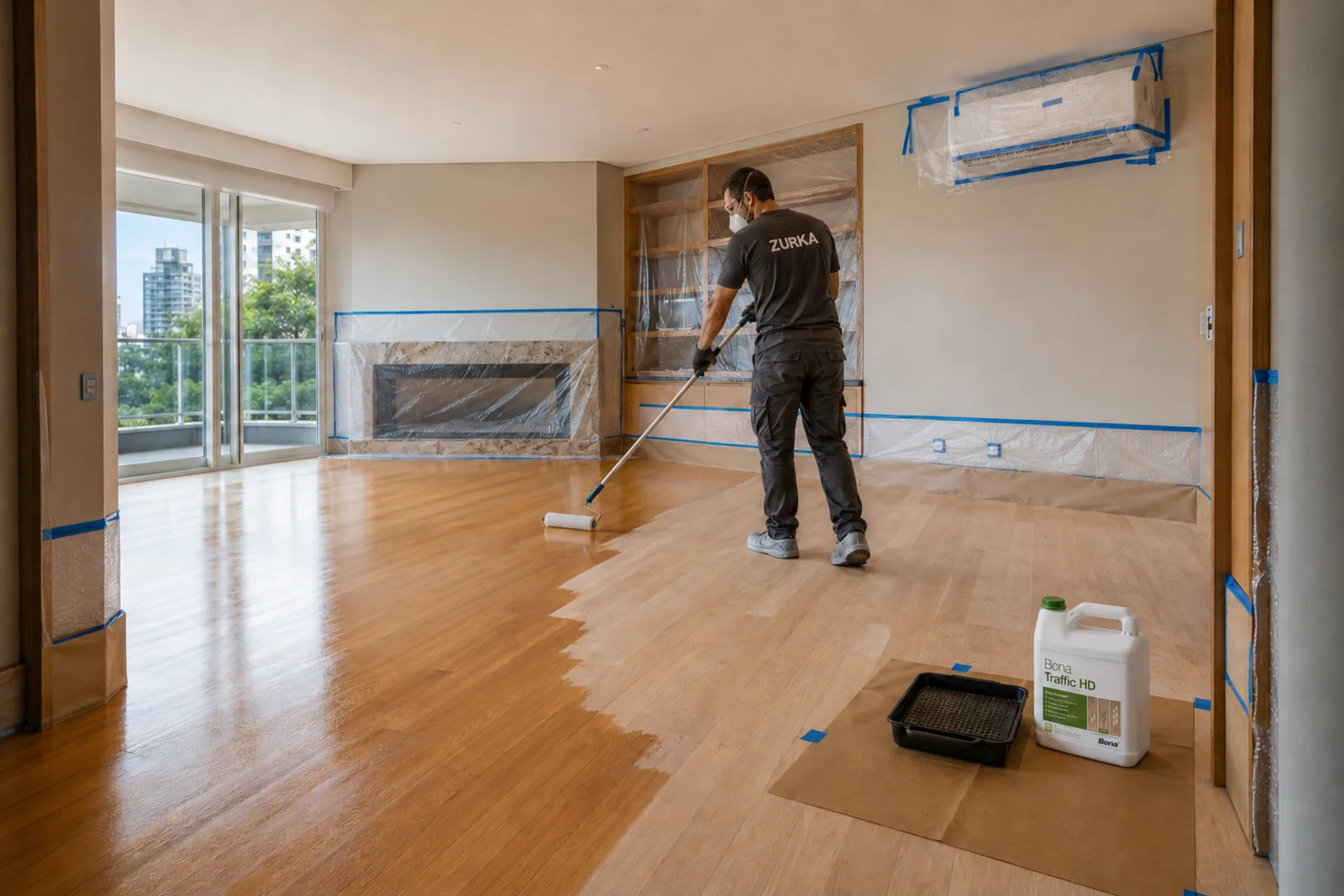 Profissional da Zurka aplicando acabamento base d’água com rolo em assoalho de apartamento protegido com plástico e fita