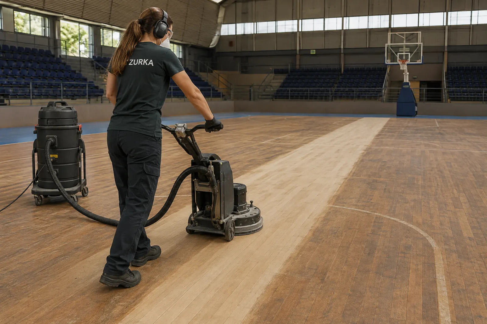 Profissional da Zurka raspando piso de madeira de quadra esportiva coberta