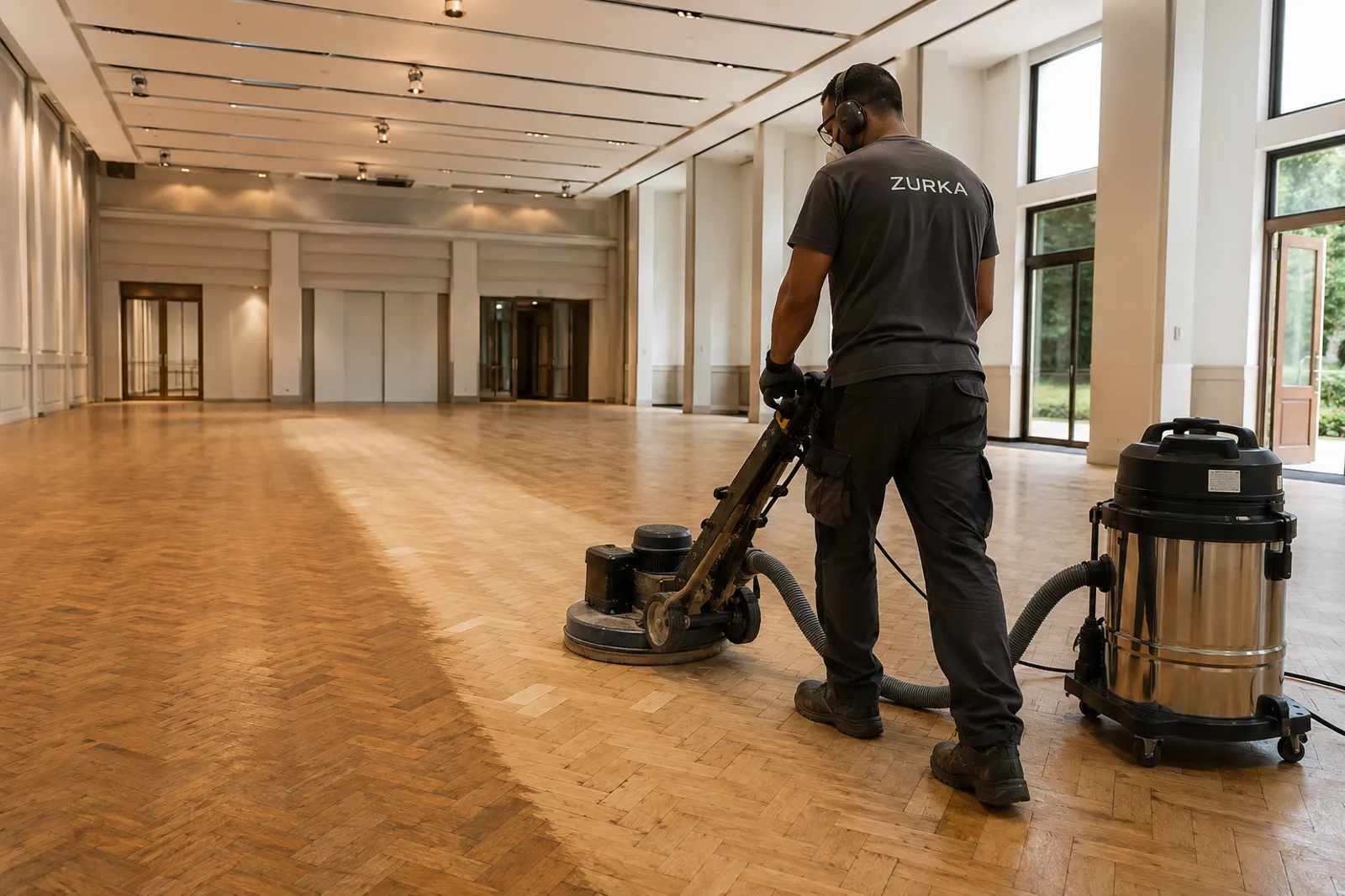 Profissional da Zurka raspando piso de parquet em salão amplo com equipamento profissional